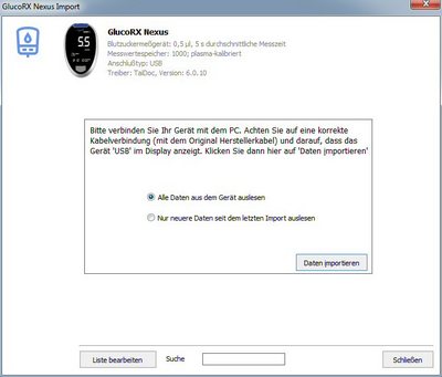 Datenbernahme vom GlucoRX Nexus ins Diabetes-Tagebuch
