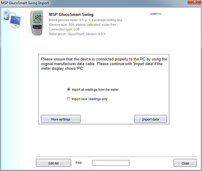 Import your readings from an MSP GlucoSmart Swing into your log book