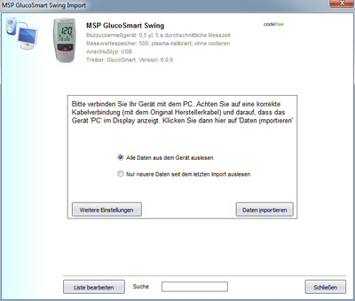 Datenbernahme vom MSP GlucoSmart Swing ins Diabetes-Tagebuch