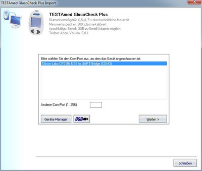 Datenbernahme vom TESTAmed GlucoCheck Plus ins Diabetes-Tagebuch