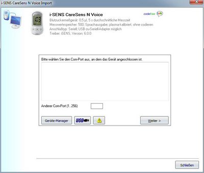 Datenbernahme vom i-SENS CareSens N Voice ins Diabetes-Tagebuch