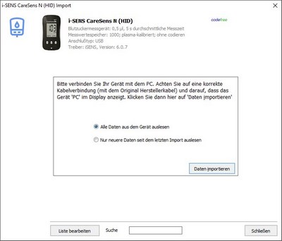 Datenbernahme vom i-SENS CareSens N (HID) ins Diabetes-Tagebuch