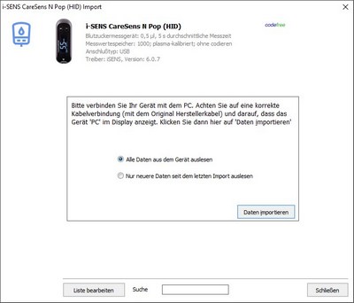Datenbernahme vom i-SENS CareSens N Pop (HID) ins Diabetes-Tagebuch