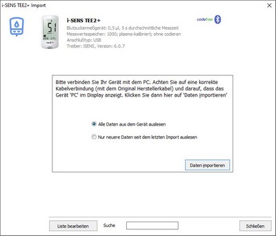 Datenbernahme vom i-SENS CareSens TEE2+ ins Diabetes-Tagebuch
