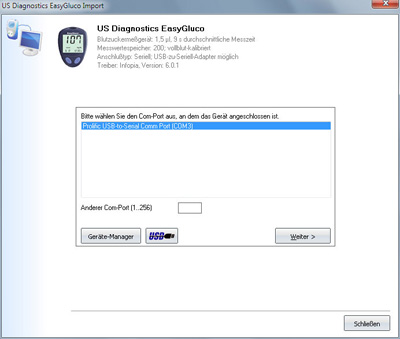 Datenbernahme vom US Diagnostics Easy Gluco ins Diabetes-Tagebuch