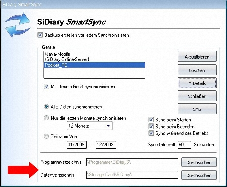 SiDiary SmartSync Einstellungen fr PPC